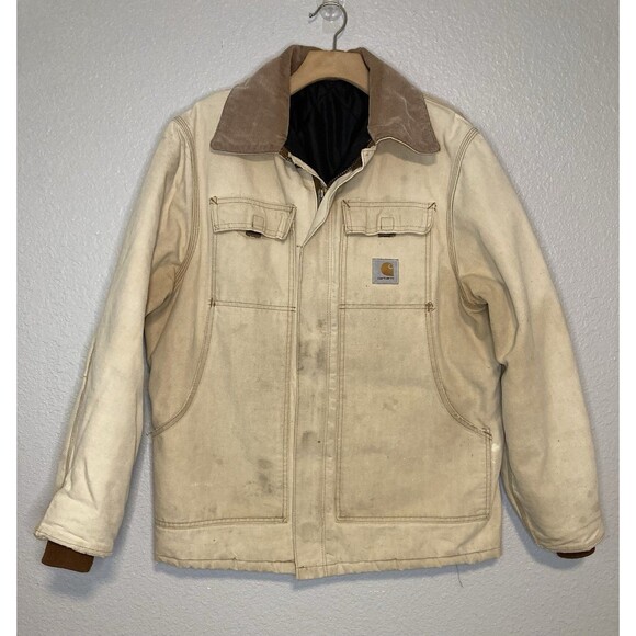 Carhartt Cream and Brown Bomber Chore Jacket Outdoor Western Cowboy Sz L